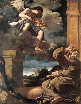 聖フランシスコとヴァイオリンを弾く天使 バロック グエルチーノ Oil Paintings